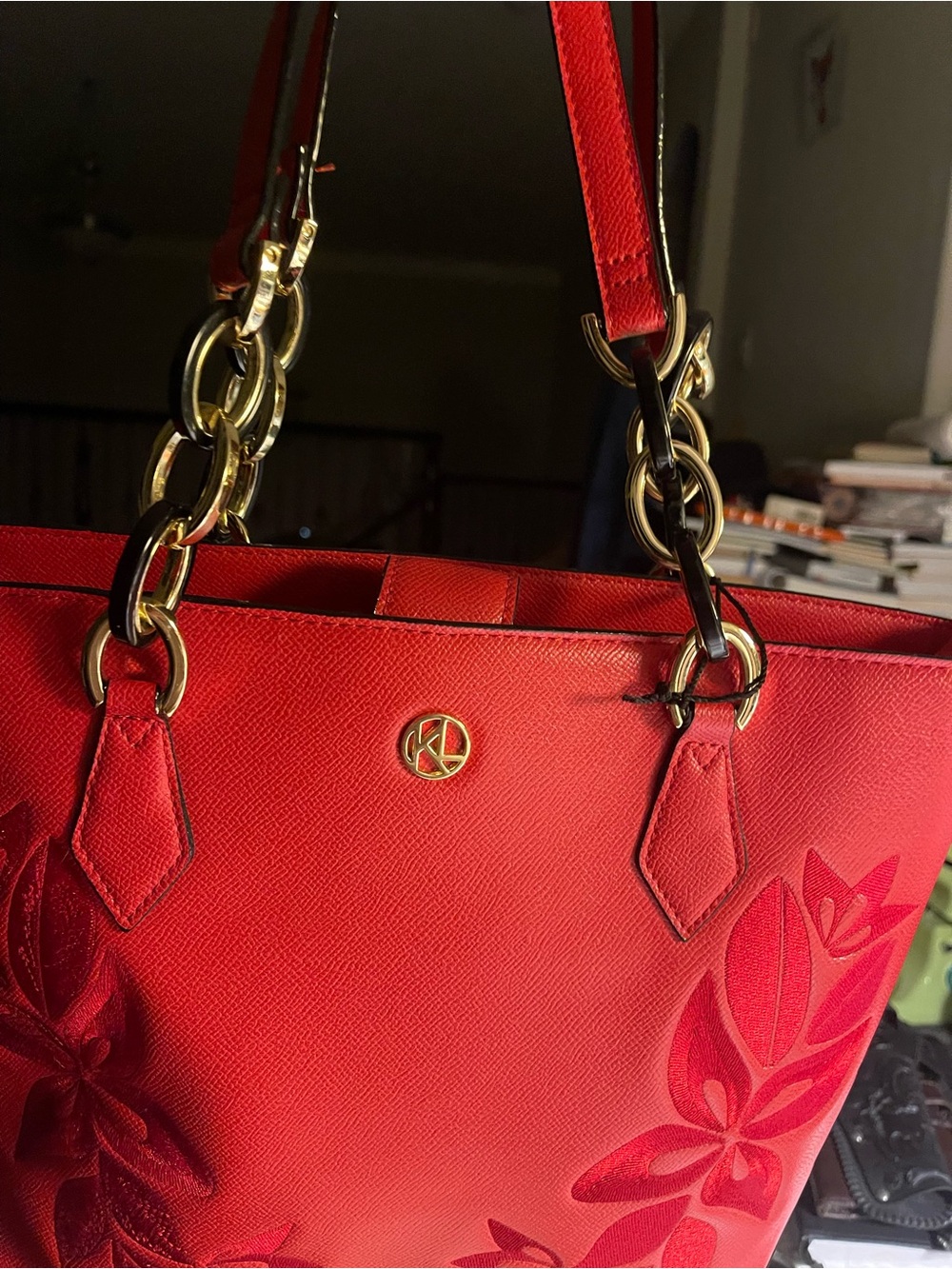 Kate Landry Red Floral Crossbody Tote with Gold Hardware